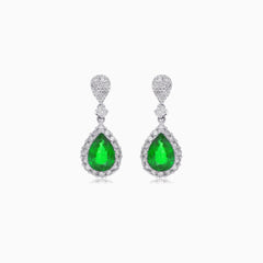 White gold diamond and emerald drop earrings