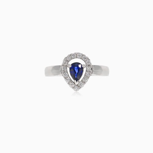 Wunderschöner Ring mit rundem Diamant und tropfenförmigem Saphir