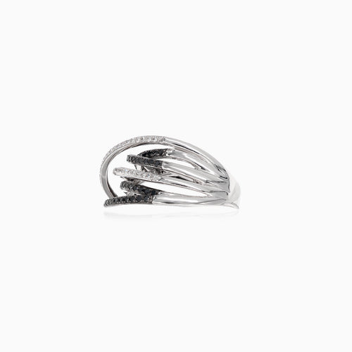 Elegant white gold women ring with white and black diamonds