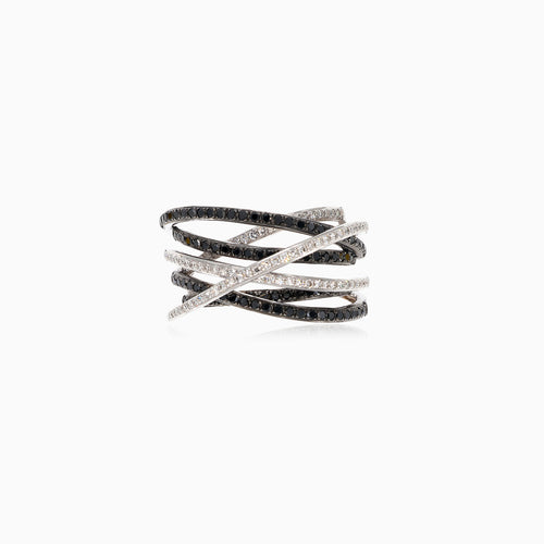 Eleganter Weißgold-Damenring mit weißen und schwarzen Diamanten