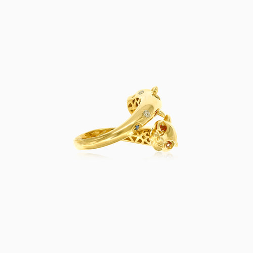 Damenring mit Panther-Motiv, Diamanten und lebhaften Saphiren