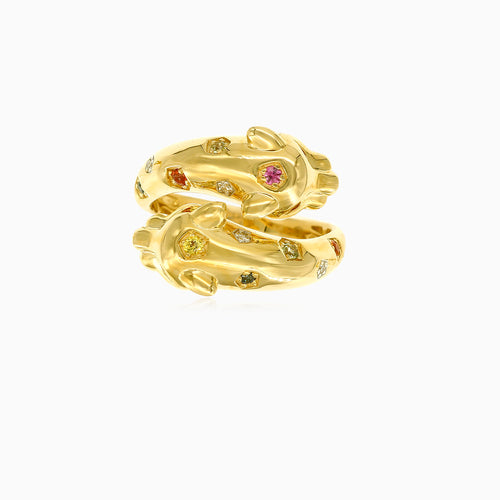 Damenring mit Panther-Motiv, Diamanten und lebhaften Saphiren