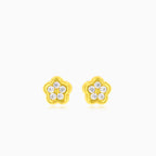 Boucles d'oreilles pour bébé en or jaune avec fleurs en zirconium cubique et fermeture à vis