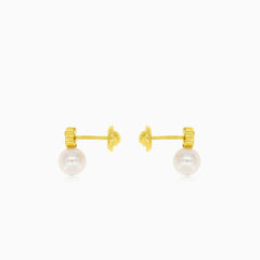 Gold Flower with Cubic Zirconia and Pearl Baby Drop Earrings