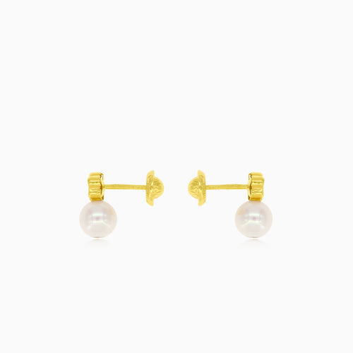 Gold Flower with Cubic Zirconia and Pearl Baby Drop Earrings
