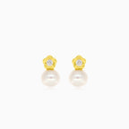 Gold Flower with Cubic Zirconia and Pearl Baby Drop Earrings