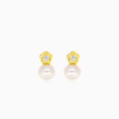 Gold Flower with Cubic Zirconia and Pearl Baby Drop Earrings