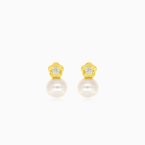 Gold Flower with Cubic Zirconia and Pearl Baby Drop Earrings
