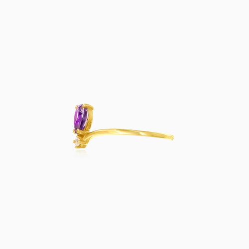 Pear-cut purple amethyst cubic zirconia yellow gold ring