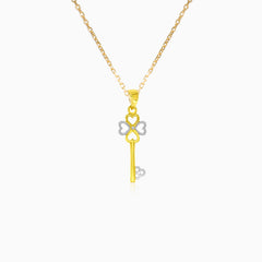 Four-leaf clover love key charm two-tone gold pendant