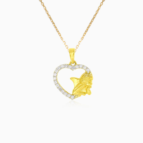 Glänzender Herz-Anhänger aus Gold mit Zirkonia und Engel