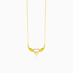 Gold necklace with angel wings and two-tone hearts