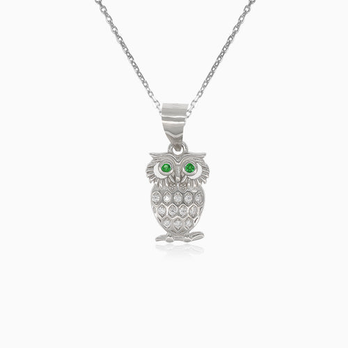 Pendentif en argent hibou avec zircon cubique et émeraude synthétique