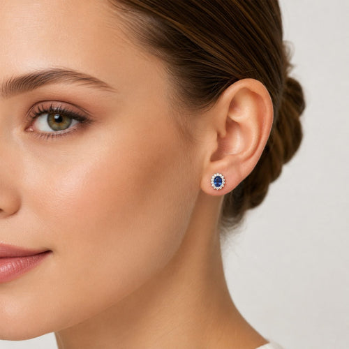 Sterling Silver Oval Sapphire Halo Stud Earrings