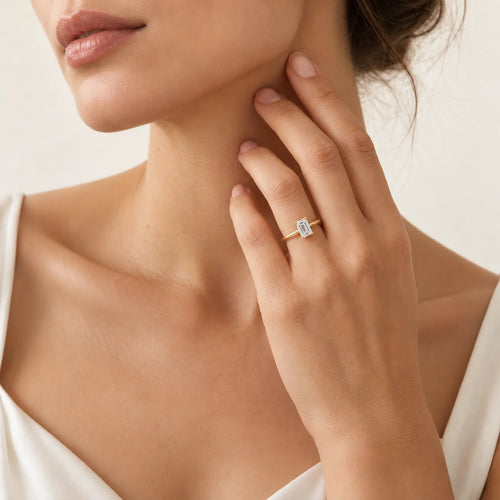 Yellow Gold Solitaire Ring with Rectangular Lab-Grown Diamond