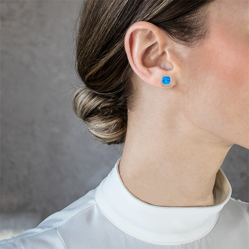 Flat halo blue opal studs