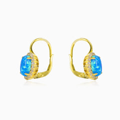 Oval halo blue opal gold earrings