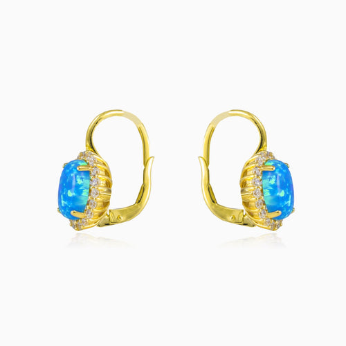 Oval halo blue opal gold earrings