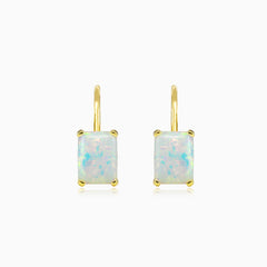 Rectangle white opal gold earrings