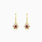 Rote Blumen-Ohrringe aus Zirkonia und Gold