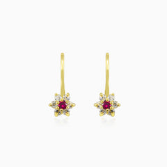 Rote Blumen-Ohrringe aus Zirkonia und Gold