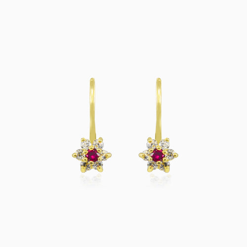 Rote Blumen-Ohrringe aus Zirkonia und Gold