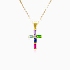 Baguette-Kreuz aus Gold mit mehrfarbigen Steinen