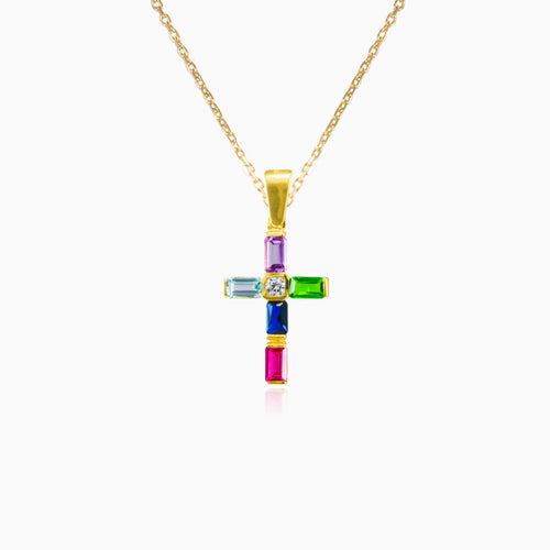 Baguette-Kreuz aus Gold mit mehrfarbigen Steinen