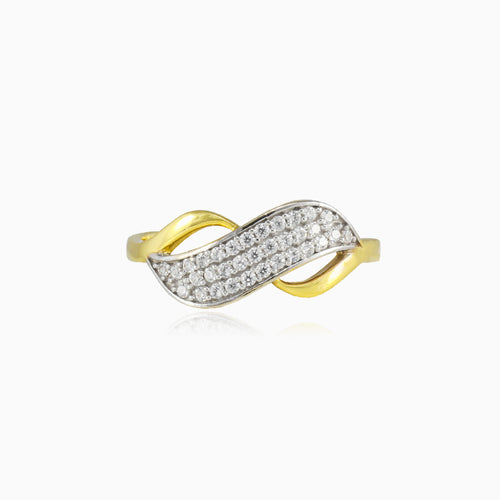 Infinity gold ring with three cubic zirconia rows