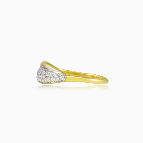 Pave leaf yellow gold ring