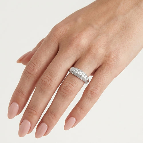 White Gold Emerald And Round Cut Diamond Band Ring