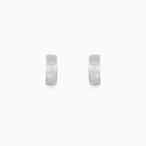 Brushed White Gold Diamond Huggie Earrings