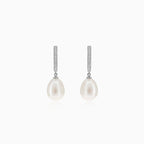 White gold diamond and pearl dangling earrings