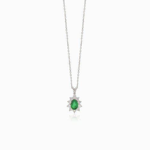 Elegant prong set necklace with diamond and emerald