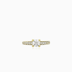 Yellow gold princess-cut zircon ring with round zircons