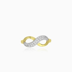 Yellow and white gold infinity ring with cubic zirconia