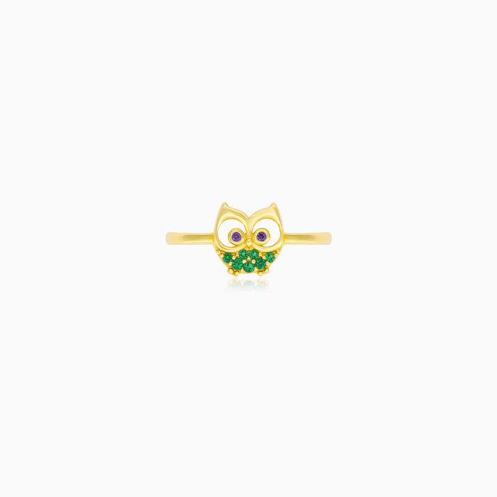 Yellow Gold Owl Ring With Synthetic Emeralds