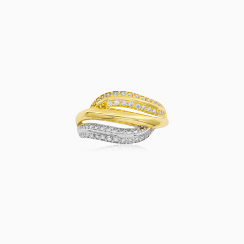 Two Tone Gold Zirconia Crossover Ring