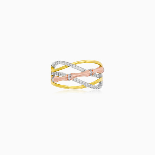 Tri-Tone Gold Zirconia Crossover Ring