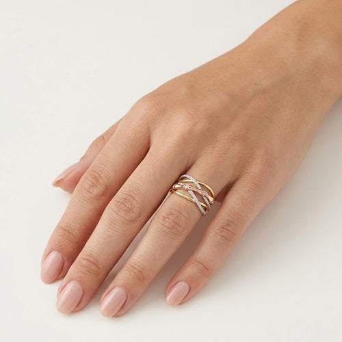 Tri-Tone Gold Zirconia Crossover Ring