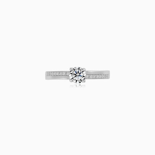 White Gold Solitaire Ring With Pavé Shoulders