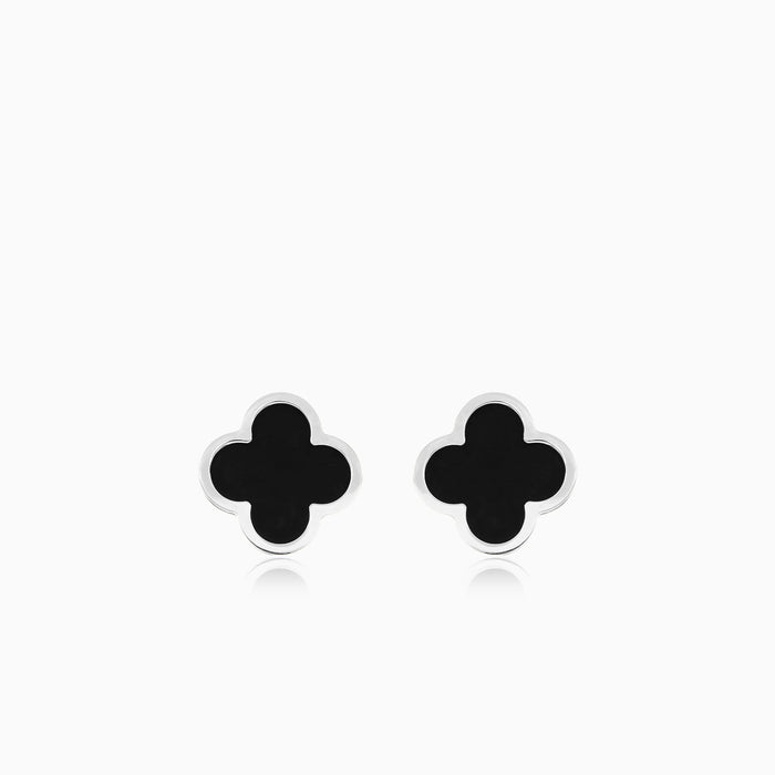 Clover onyx stud earrings in white gold