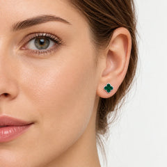 White Gold Malachite Clover Stud Earrings