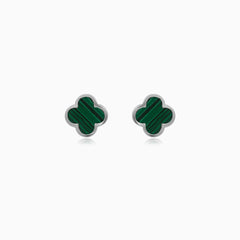 White Gold Malachite Clover Stud Earrings