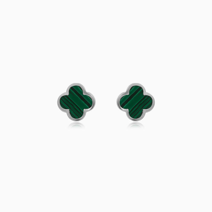 White Gold Malachite Clover Stud Earrings
