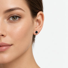 White Gold Black Onyx Clover Stud Earrings
