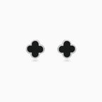White Gold Black Onyx Clover Stud Earrings