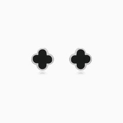 White Gold Black Onyx Clover Stud Earrings