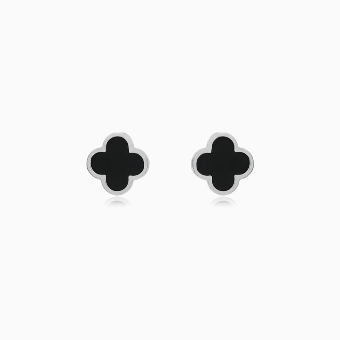 White Gold Black Onyx Clover Stud Earrings