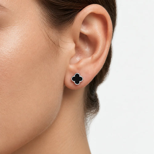 White Gold Black Onyx Clover Stud Earrings